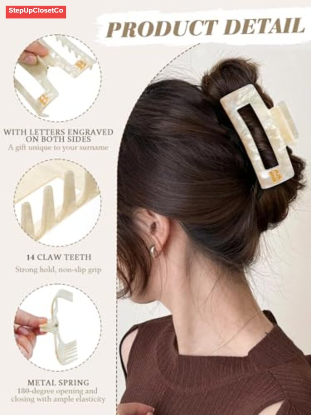 Monogram Initial Gold Claw Clip Women Thick Hair Strong Hold - Picture 3 of 5
